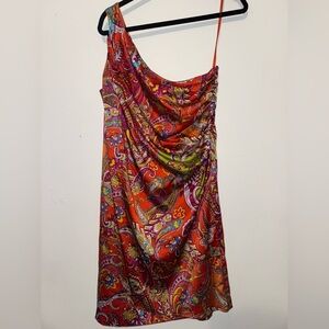 Lauren Ralph Lauren Stretch Satin One Shoulder Paisley Dress Orange Size 16